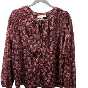 NWT LOFT|Burgundy Floral Peasant Blouse|Size L